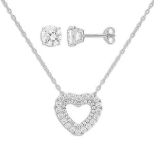 Belk Sterling Silver Cubic Zirconia Round Studs & Heart Necklace Set - NWT